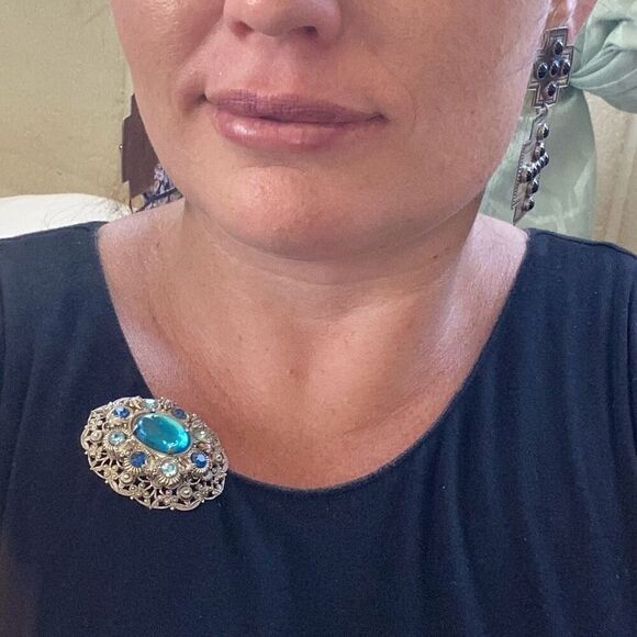 Vintage 1950s German Blue Porphyry Glass Art Nouveau Filigree Costume Brooch HTF - Picture 4 of 6